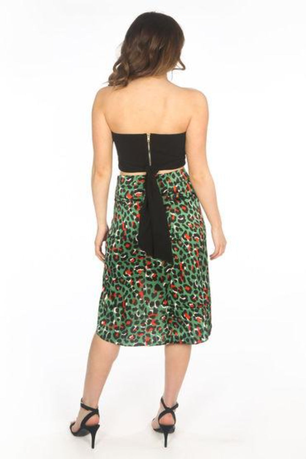 Green Satin Leopard Print Wrap Midi Skirt