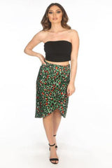 Green Satin Leopard Print Wrap Midi Skirt