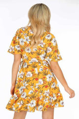 Yellow Short Sleeve Mini Wrap Dress in Floral Print