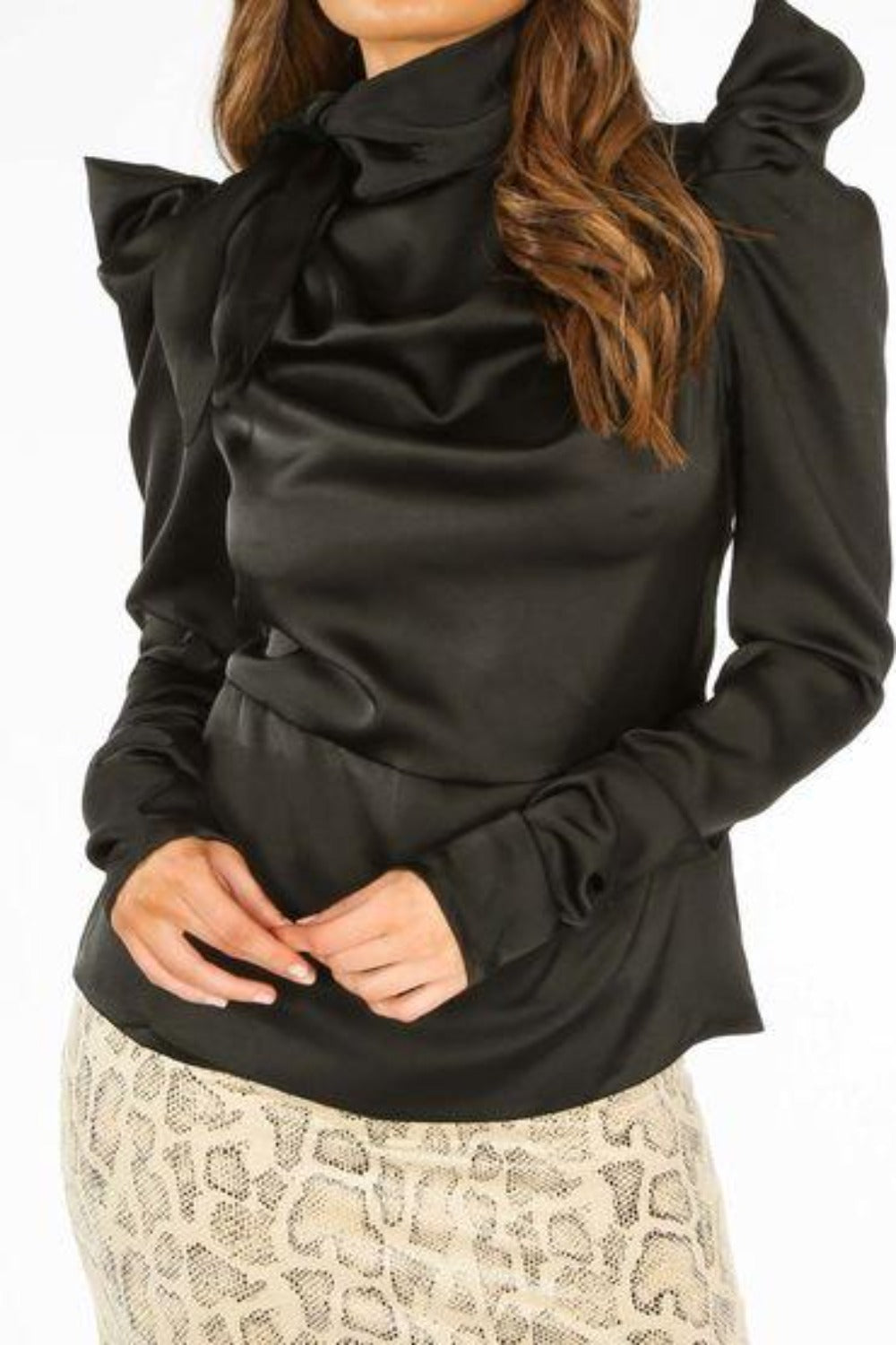 Black Satin Structured Blouse With Neck Tie