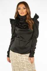 Black Satin Structured Blouse With Neck Tie