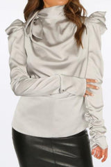 Silver Satin Structured Blouse With Neck Tie