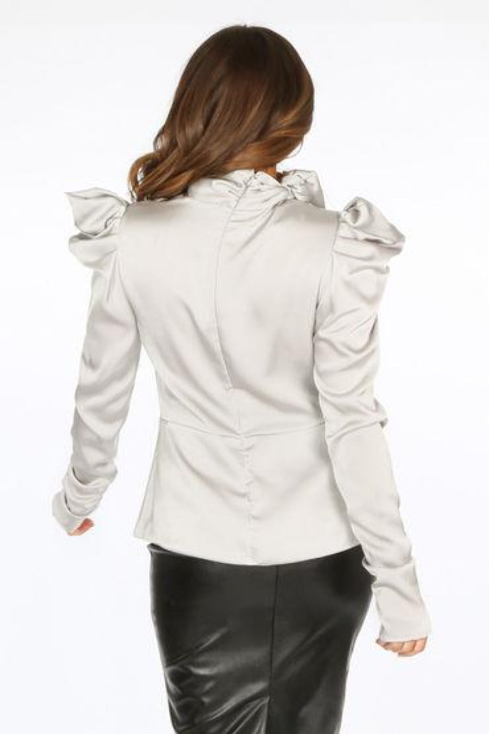 Silver Satin Structured Blouse With Neck Tie