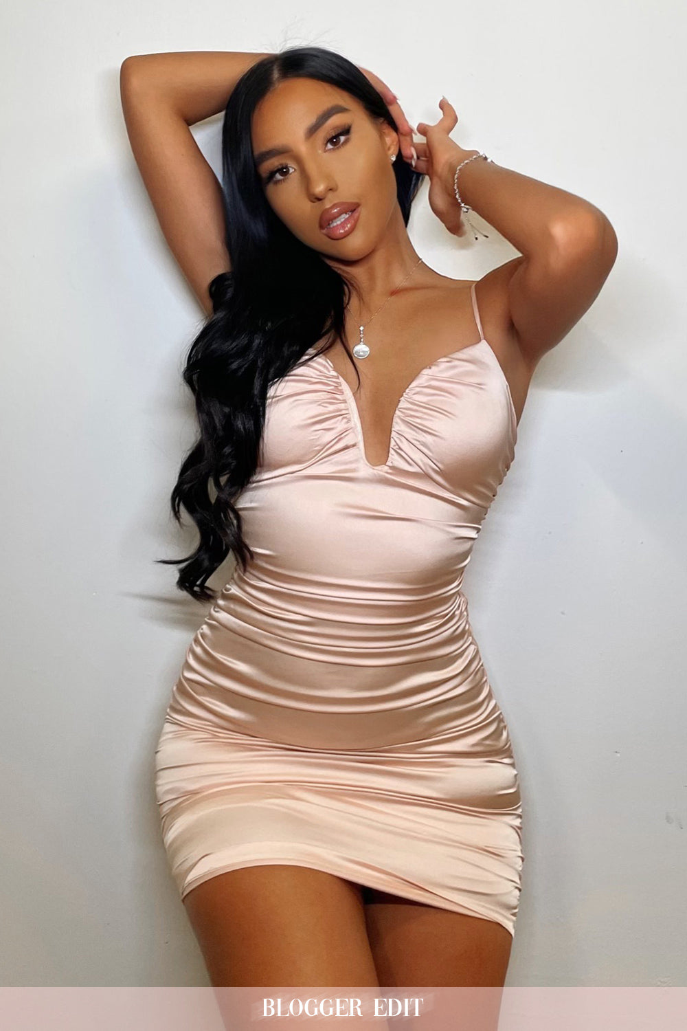 Champagne Satin Plunge Front Ruched Mini Dress