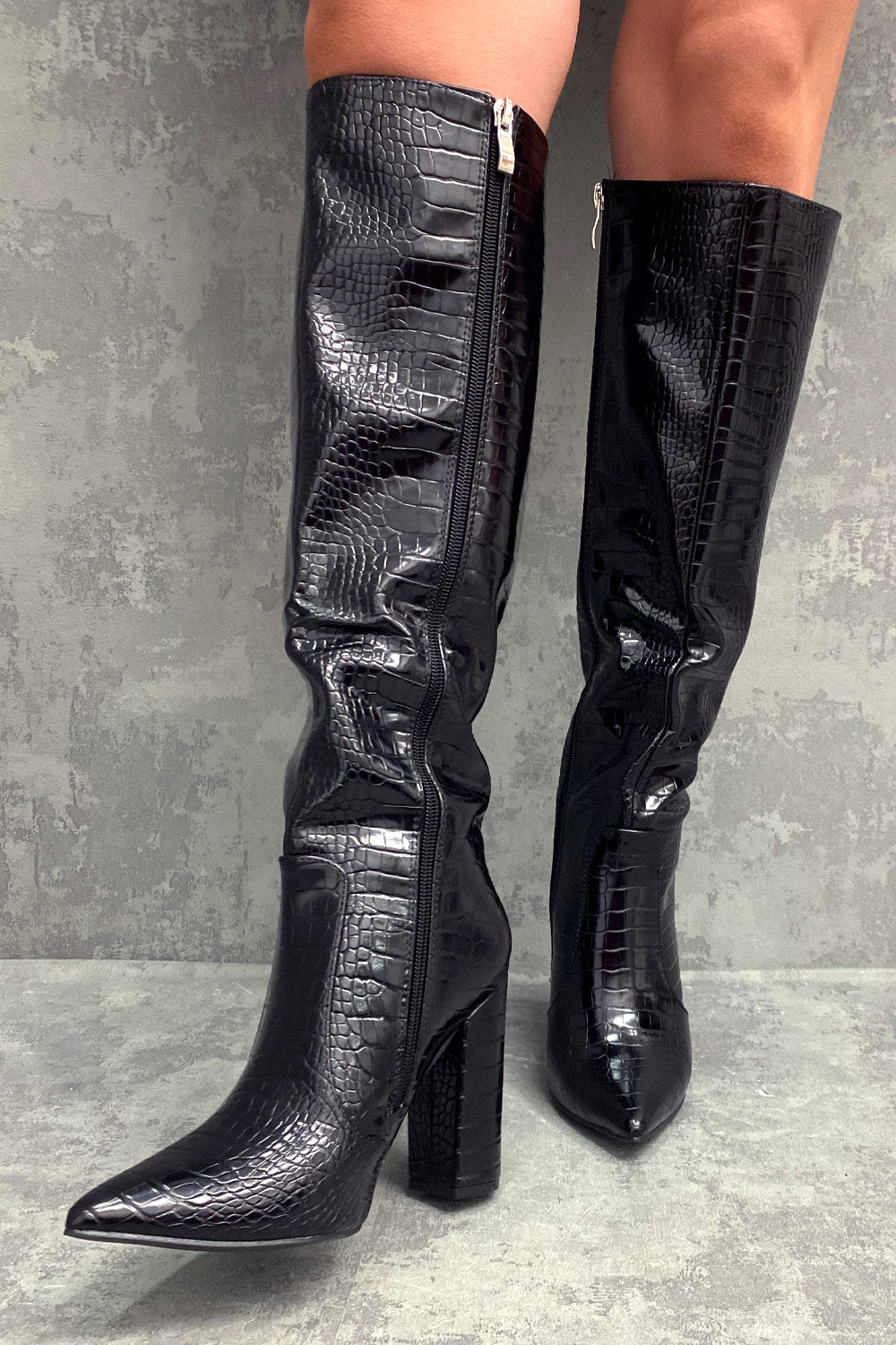 Black Croc High Heeled Knee High Boots
