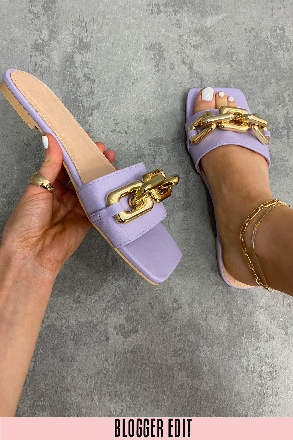 Lilac Pu Chain Detail Mule Sandals