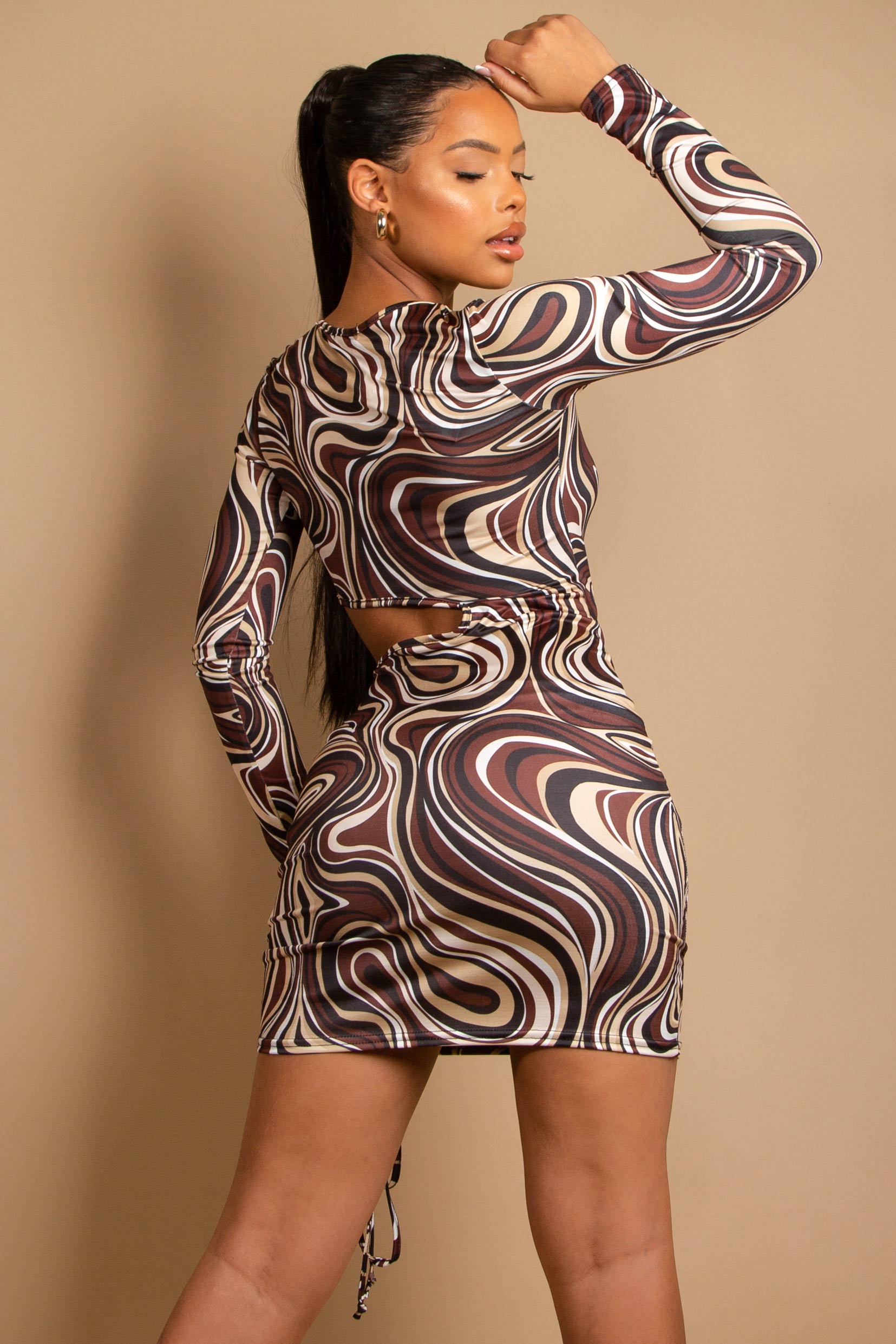 Brown Cut Out Long Sleeve Bodycon Dress