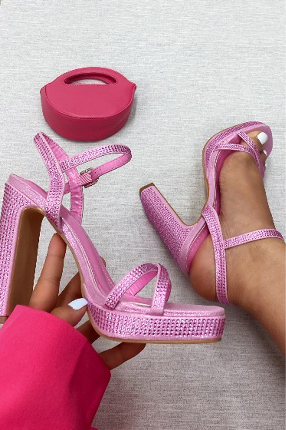 Pink Diamante Platform Block Heels