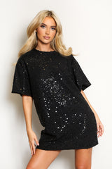 Black Sequin Mini Shirt Dress