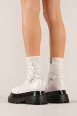 White Lace Up Chunky Platform Side Zip Ankle Boots