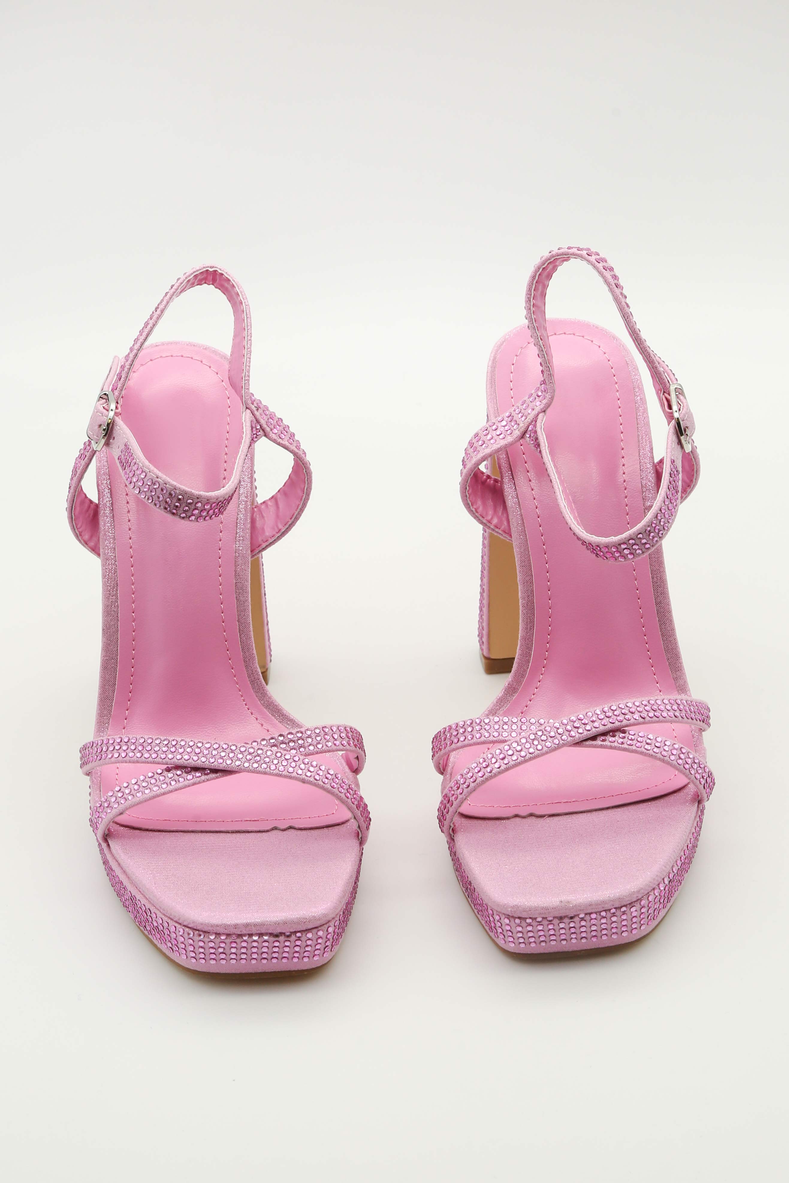Pink Diamante Platform Block Heels