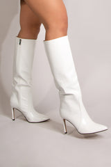 White Leather Look Croc Pointed Heeled Boot