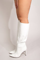 White Leather Look Croc Pointed Heeled Boot