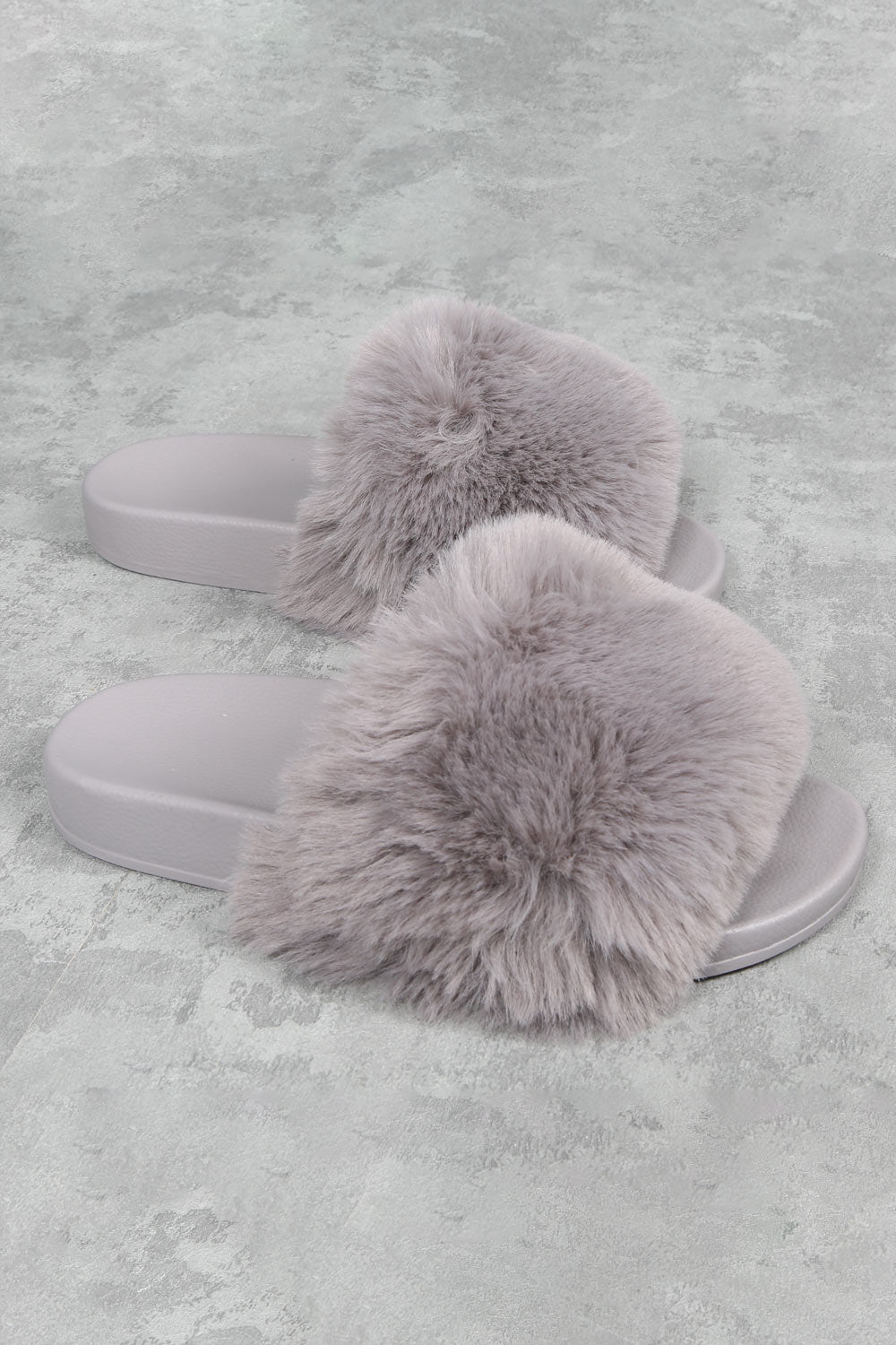 Grey Faux Fur Strap Sliders