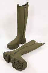 Khaki PU Chunky Sole Knee Length Wellie Boots