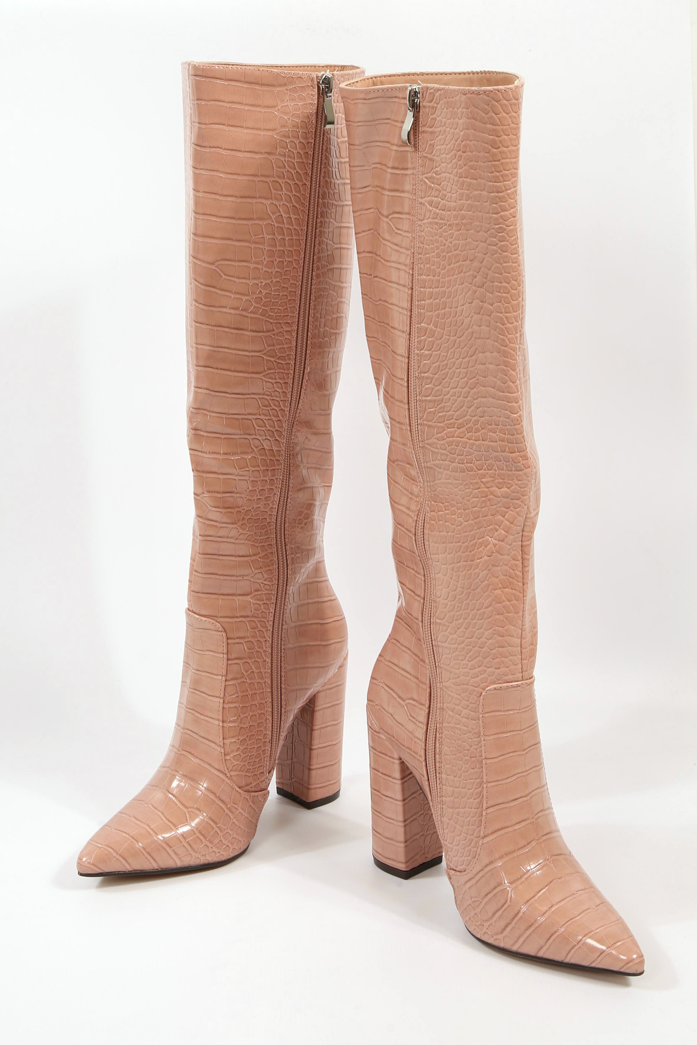 Pink Croc Embossed Knee High Block Heel Boots