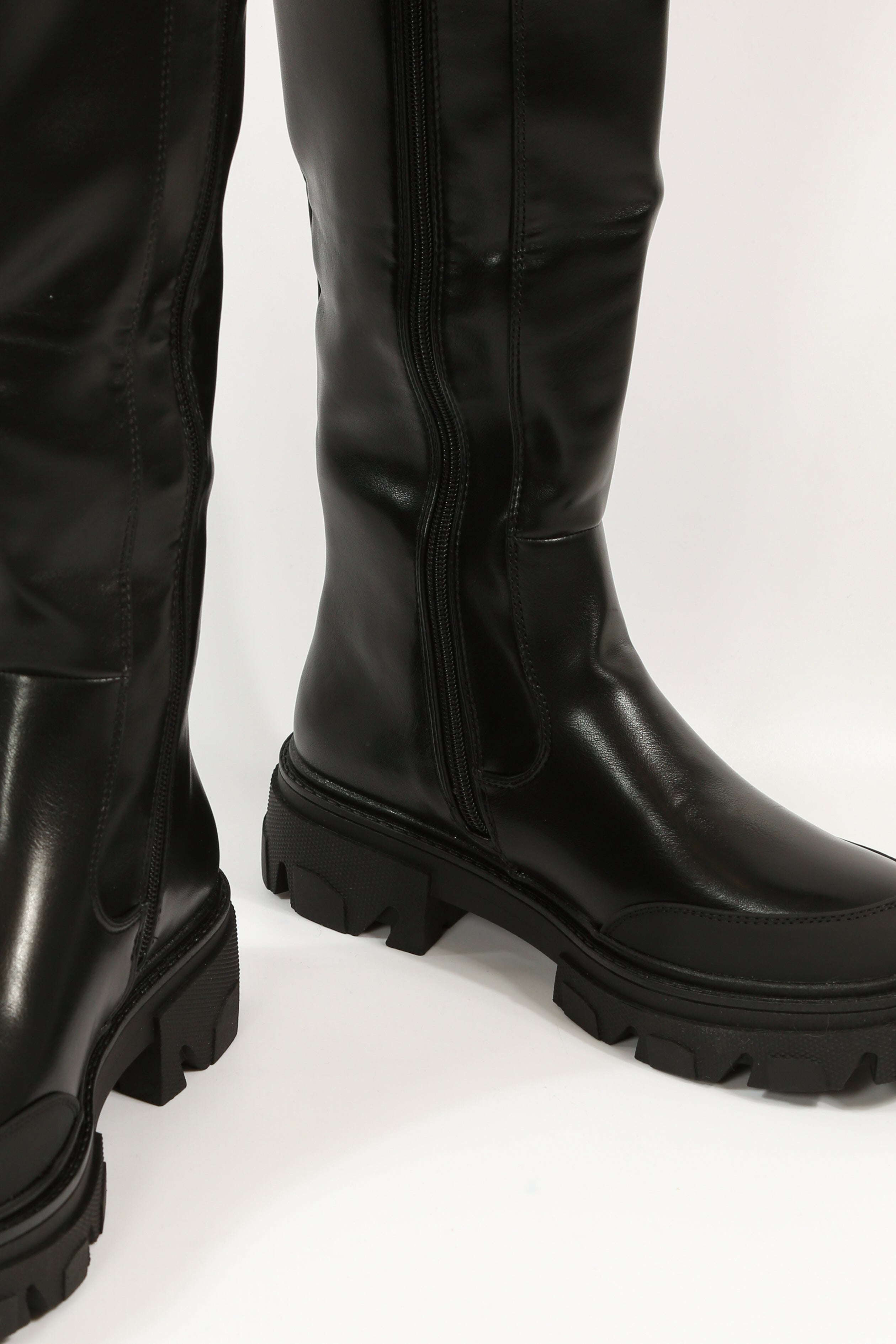 Black PU Chunky Sole Knee Length Wellie Boots