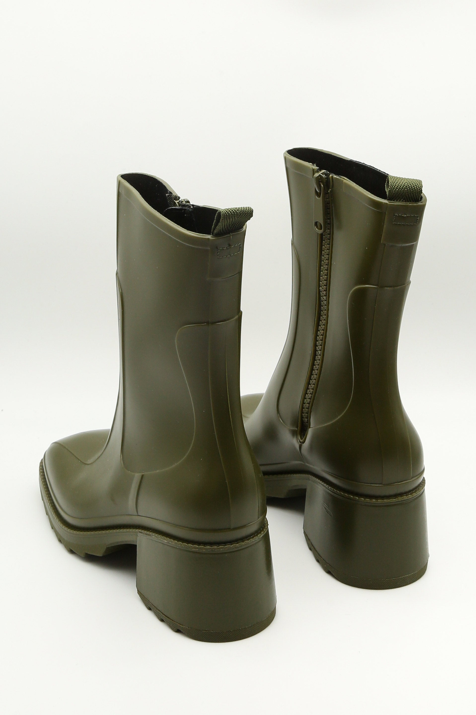 Khaki Block Heeled Ankle Zip-Up Wellington Glossy Boot