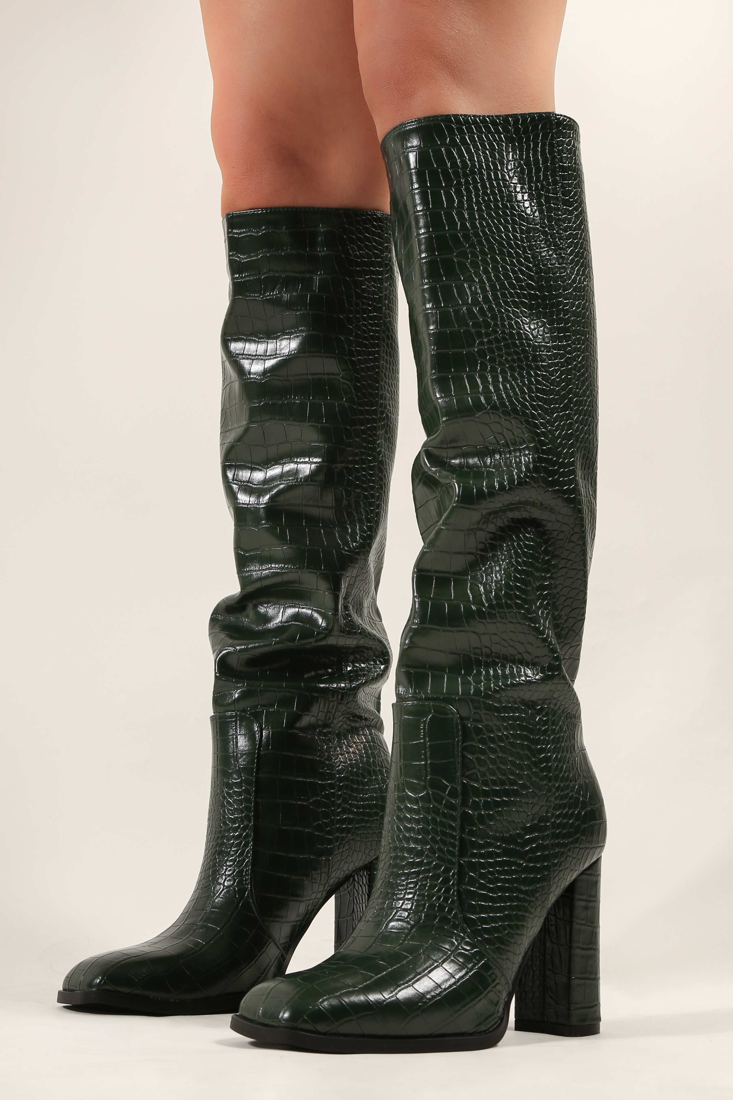 Hunter Green Croc High Heeled Knee Boots