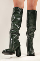 Hunter Green Croc High Heeled Knee Boots