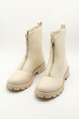 Cream Zip Front Ankle Boots