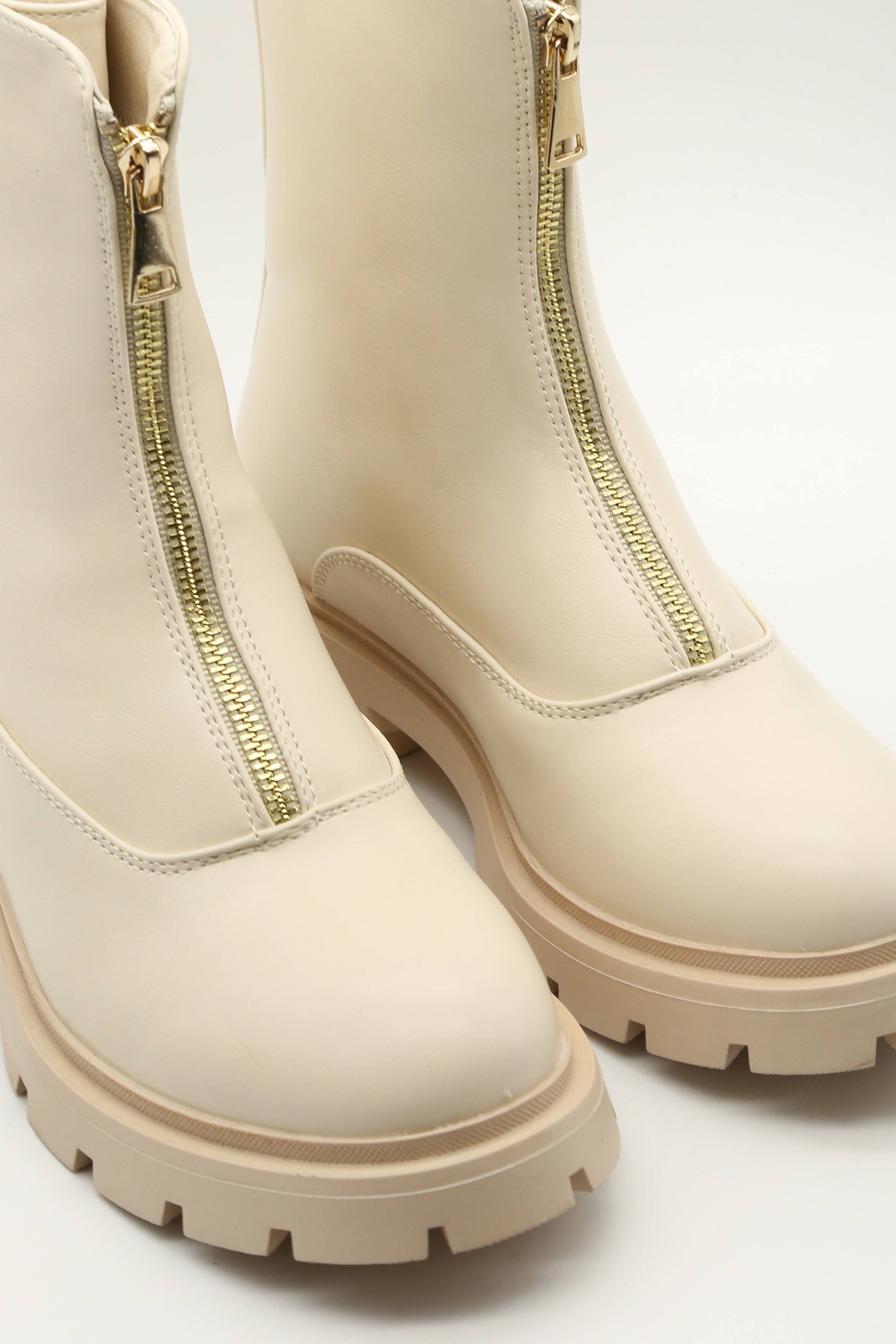 Cream Zip Front Ankle Boots