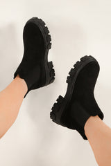 Black Faux Suede Chunky Heel Boots