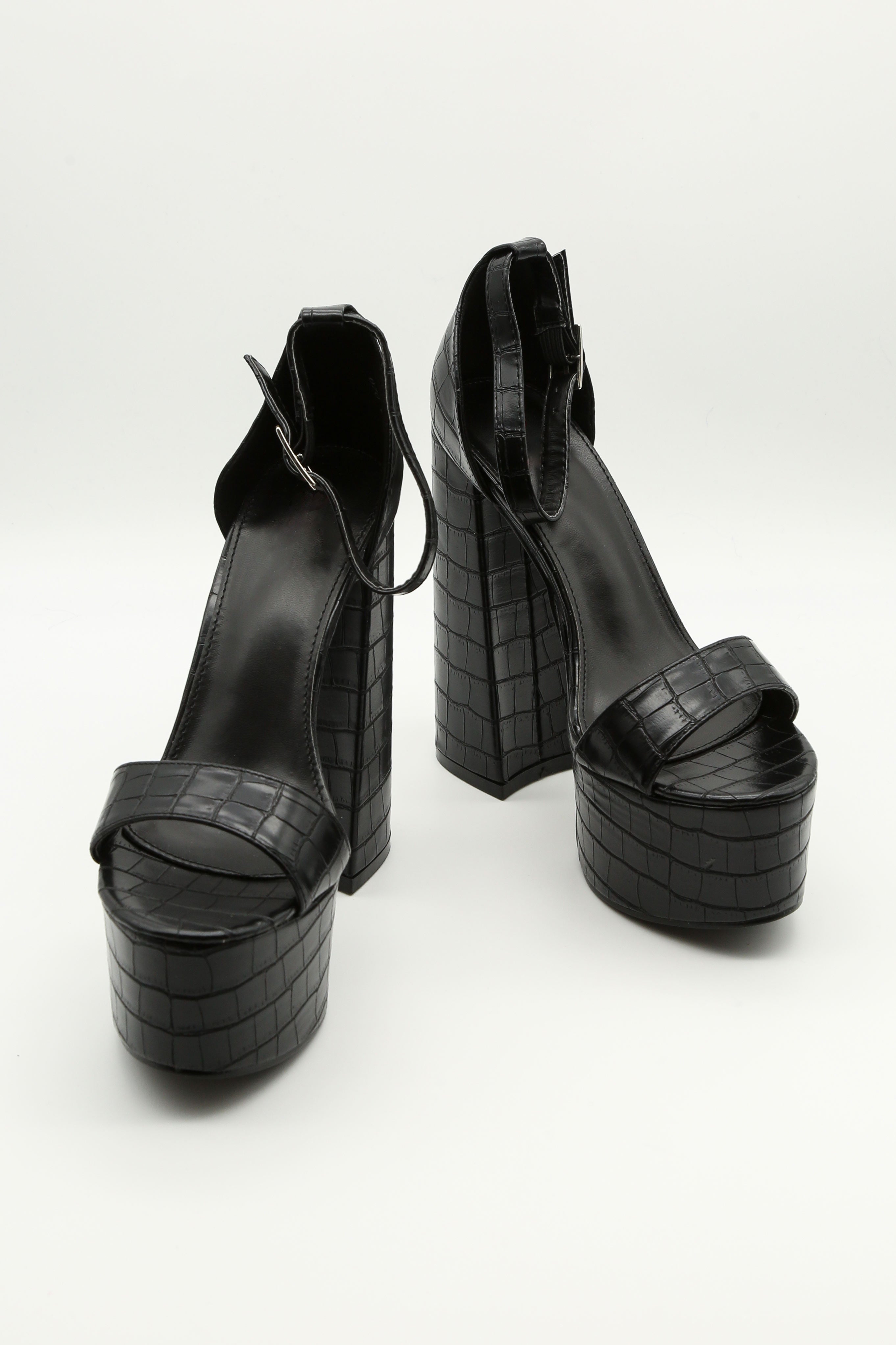 Black Croc Embossed Platform Heel Sandals