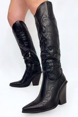 Women's Stitched Detail Heeled Knee-High Cowboy Boots