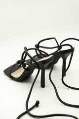 Black Lace Up Square Toe Sculptured Heels