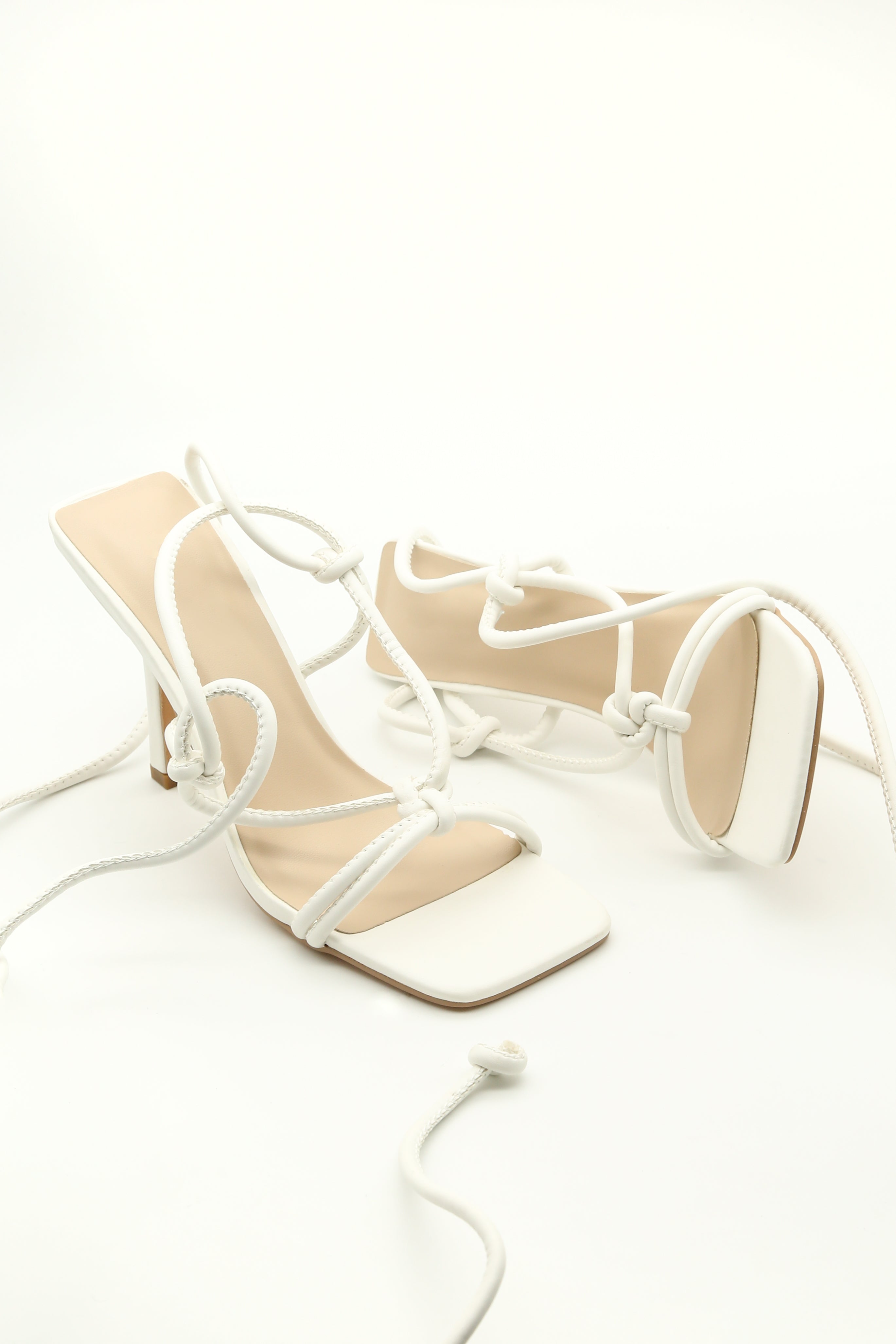 White Lace Up Square Toe Sculptured Heels