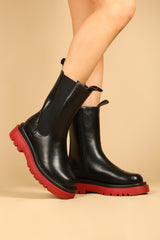 Red Chunky Sole Ankle Biker Boots